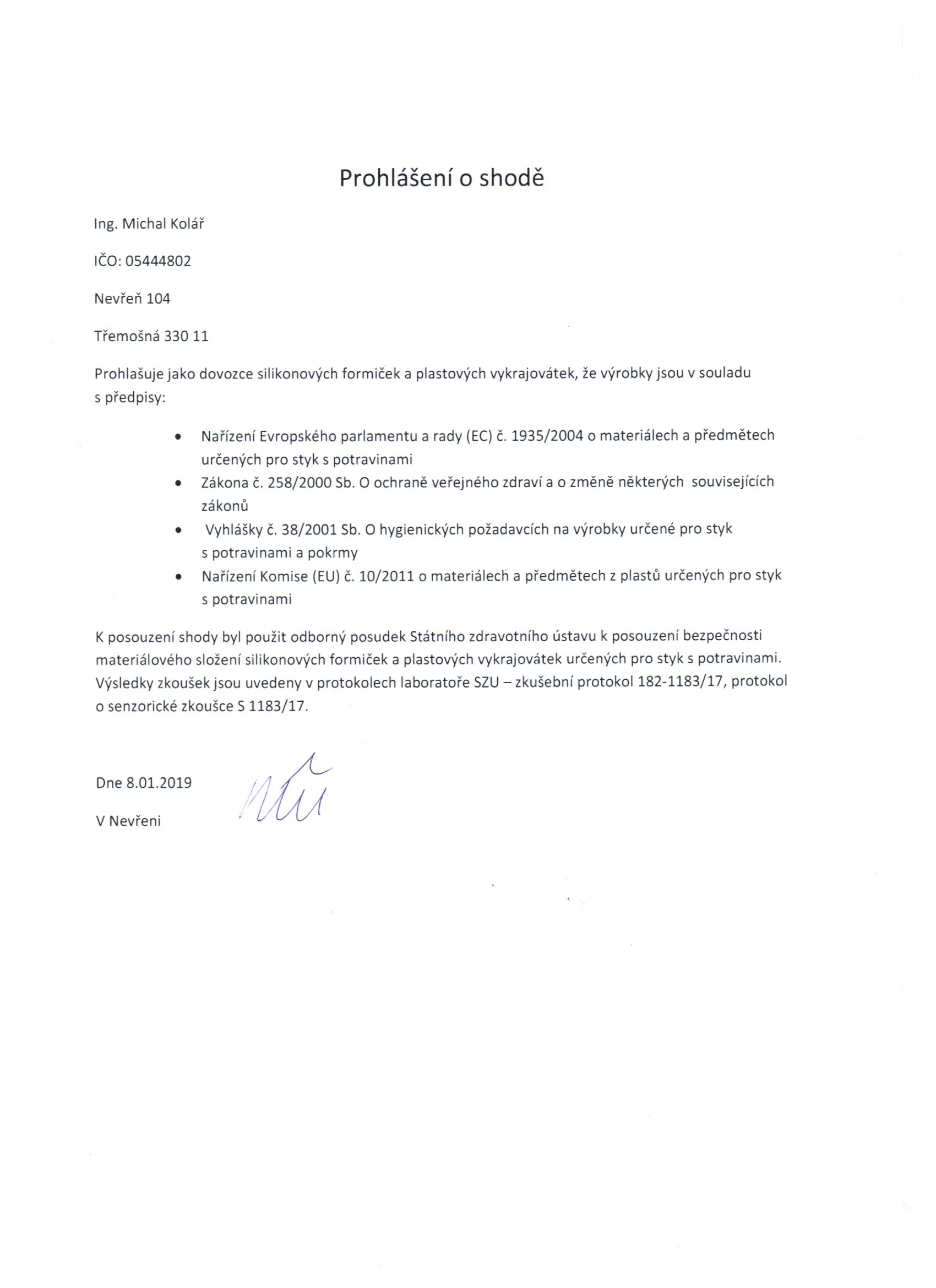 Prohlášení o shodě Ozdob si dort